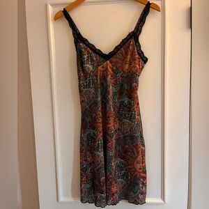 [VINTAGE] Y2K | Sun Print Mesh Slip |Dress Lace Trim Boho Art Dress | Small